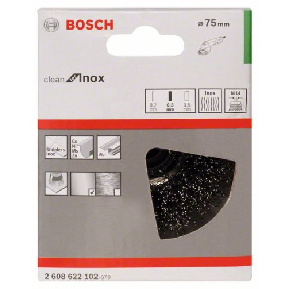 Topfbürste, Edelstahl, gewellter Draht, 75 mm, 0,3 mm, 12500 U/min, M14-Beschreibung lesen