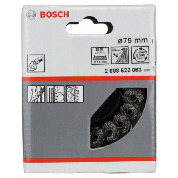 Topfbürste, Stahl, gezopfter Draht, 75 mm, 0,5 mm, 12500 U/ min, M 10-Beschreibung lesen