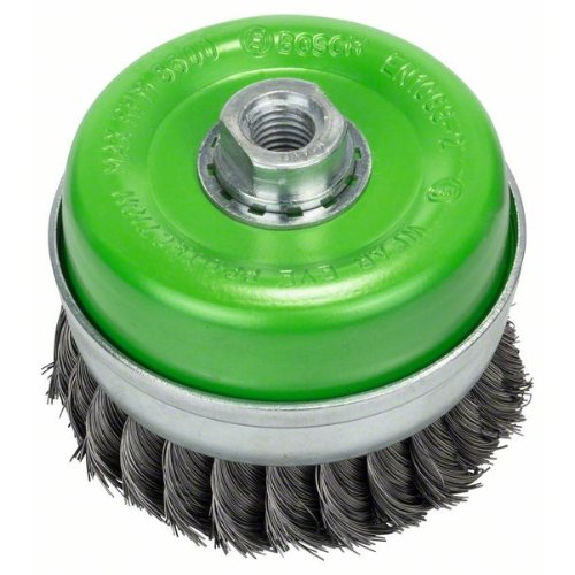 Topfbürste, Edelstahl, gezopfter Draht, 100 mm, 0,35 mm, 8500 U/ min, M14 Topfbürste, Edelstahl, gezopfter Draht, 100 mm, 0,35 mm, 8500 U/ min, M14-Beschreibung lesen