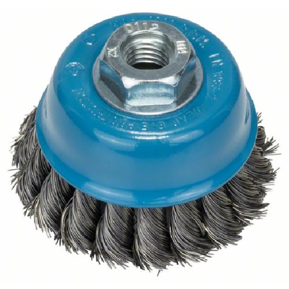 Brosse boisseau, acier, fil torsadé, 65 mm, 0,35 mm, 12500 tr/min, M 14-Lire la description
