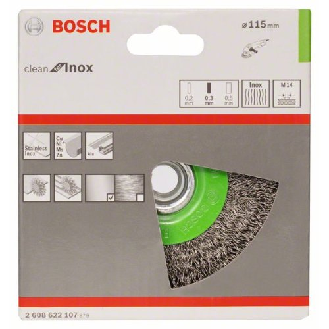 Scheibenbürste, Edelstahl, gewellter Draht, 115 mm, 0,3 mm, 8500 U/ min, M 14-Beschreibung lesen