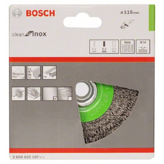 Scheibenbürste, Edelstahl, gewellter Draht, 115 mm, 0,3 mm, 8500 U/ min, M 14-Beschreibung lesen
