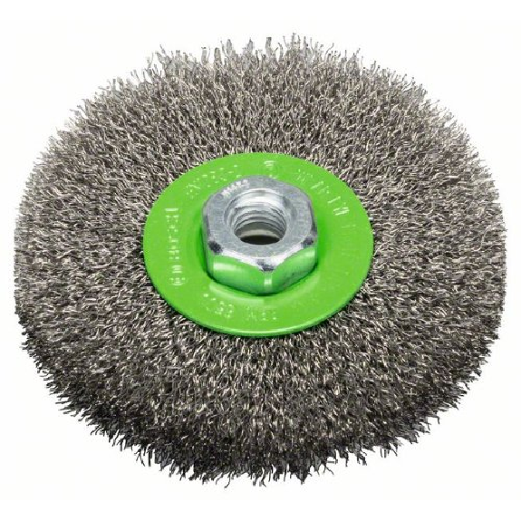 Scheibenbürste, Edelstahl, gewellter Draht, 115 mm, 0,3 mm, 8500 U/ min, M 14 Scheibenbürste, Edelstahl, gewellter Draht, 115 mm, 0,3 mm, 8500 U/ min, M 14-Beschreibung lesen