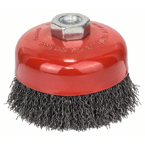 Topfbürste, Stahl, gewellter Draht, 100 mm, 0,5 mm, 8500 U/ min, M 14 Topfbürste, Stahl, gewellter Draht, 100 mm, 0,5 mm, 8500 U/ min, M 14-Beschreibung lesen