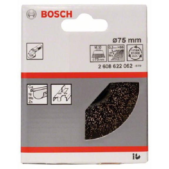 Topfbürste, Messing, gewellter Draht, 75 mm, 0,3 mm, 12000 U/ min, M 10 Topfbürste, Messing, gewellter Draht, 75 mm, 0,3 mm, 12000 U/ min, M 10-Beschreibung lesen