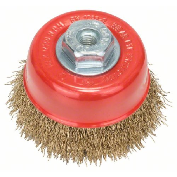 Topfbürste, Messing, gewellter Draht, 75 mm, 0,3 mm, 12000 U/ min, M 10 Topfbürste, Messing, gewellter Draht, 75 mm, 0,3 mm, 12000 U/ min, M 10-Beschreibung lesen