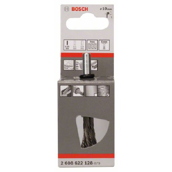 Pinselbürste, Edelstahl, gezopfter Draht, 0,35 mm, 10 mm, 4500 U/ min Pinselbürste, Edelstahl, gezopfter Draht, 0,35 mm, 10 mm, 4500 U/ min-Beschreibung lesen