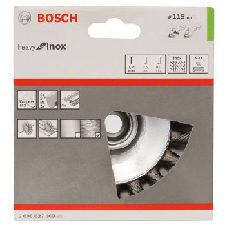 Kegelbürste Heavy for Inox, gezopfter Draht, 0,35 mm, 115 mm, 12500 U/min, M 14-Beschreibung lesen