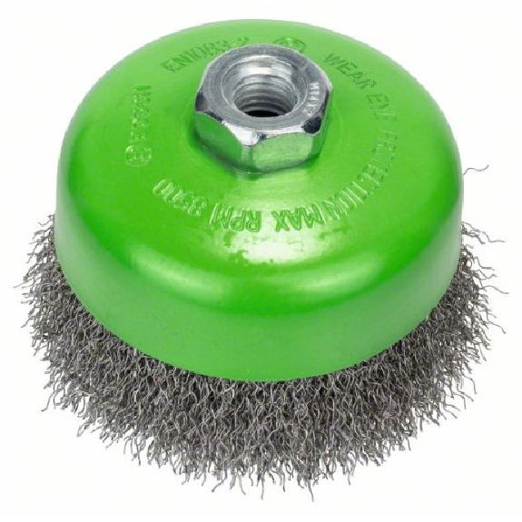 Topfbürste, Edelstahl, gewellter Draht, 100 mm, 0,3 mm, 8500 U/min, M14-Beschreibung lesen