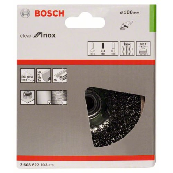 Topfbürste, Edelstahl, gewellter Draht, 100 mm, 0,3 mm, 8500 U/min, M14-Beschreibung lesen