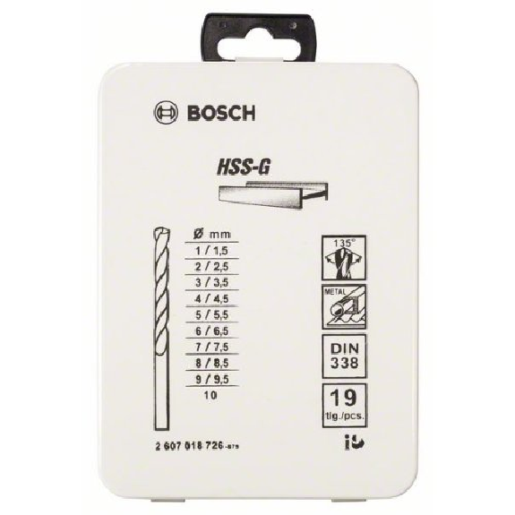 Metallbohrer-Set HSS-G, DIN 338, 135°, 19-teilig, 1 - 10 mm, Metallkassette-Beschreibung lesen