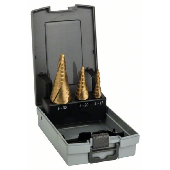 Stufenbohrer HSS-TiN-Set, 3-teilig, 4 - 12 mm, 4 - 20 mm, 6 - 30 mm-Beschreibung lesen
