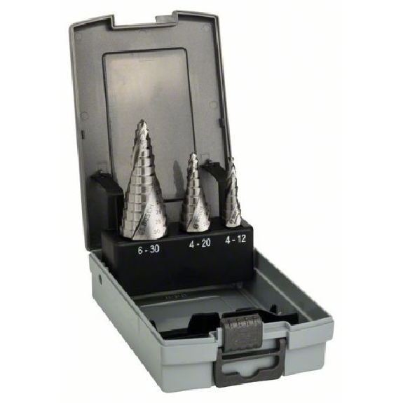 Stufenbohrer HSS-Set, 3-teilig, 4 - 12 mm, 4 - 20 mm, 6 -30 mm-Beschreibung lesen