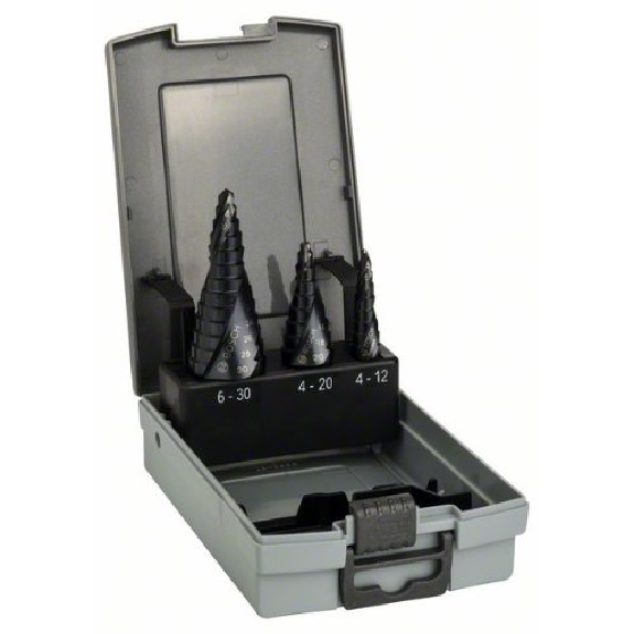 Stufenbohrer HSS-AlTiN-Set, 3-teilig, 4 - 12 mm, 4 - 20 mm, 6 - 30 mm-Beschreibung lesen