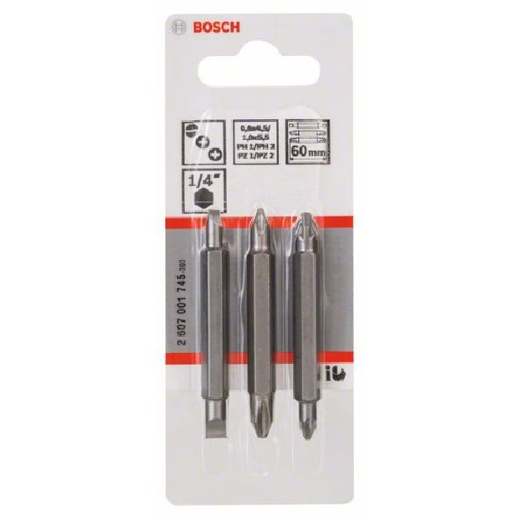 Doppelklingenbit-Set, 3-teilig, PH1, PZ1, S 0,6x4,5, PH2, PZ2, S1,0x5,5, 60 mm Doppelklingenbit-Set, 3-teilig, PH1, PZ1, S 0,6x4,5, PH2, PZ2, S1,0x5,5, 60 mm-Beschreibung lesen