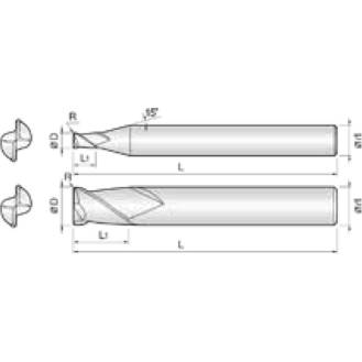 VHM Eckradiusfräser 2CNR009001S04 mit TISIN Beschichtung 0,9mm Durchmesser 45mm Länge-Beschreibung lesen