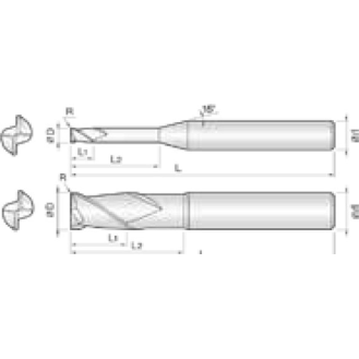VHM Eckradiusfräser 2RCR025001250 mit TISIN Beschichtung 2,5mm Durchmesser 60mm Länge-Beschreibung lesen