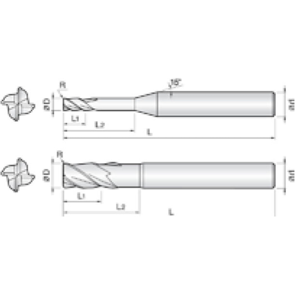 VHM Eckradiusfräser 4RCR020005160 mit TISIN Beschichtung 2mm Durchmesser 50mm Länge-Beschreibung lesen