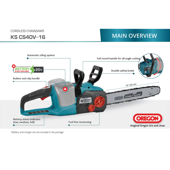 Akku-Kettensäge KS CS40V-16 Nennspannung, V 40 (20+20) Batterietyp Wiederaufladbare Lithium-Ionen-Batterie-Beschreibung lesen