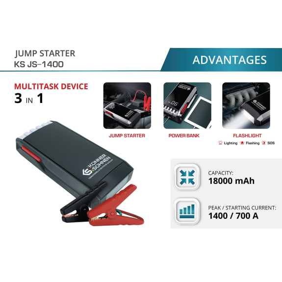 Starthilfe Powerbank KS JS-1400 Akku, mAh 18000 USB-Ausgang 5 V/3 A, 5 V/2 A-Beschreibung lesen