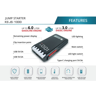 Starthilfe Powerbank KS JS-1000 Akku, mAh 12000 USB-Ausgang 5 V/3 A, 5 V/2 A-Beschreibung lesen