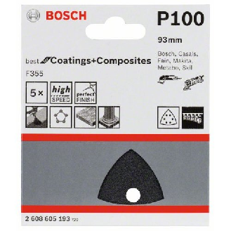Schleifblatt F355, 93 mm, 100, 6 Löcher, Klett, 5er-Pack-Beschreibung lesen
