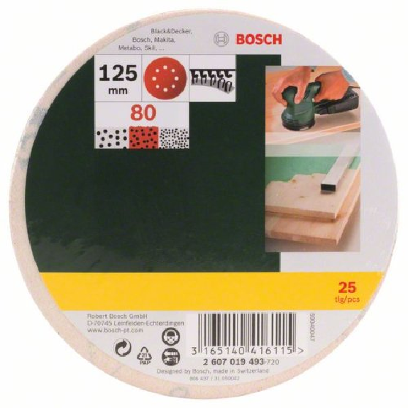 Schleifblatt-Set für Exzenterschleifer, 25-teilig, 8 Löcher, 125 mm, 80-Beschreibung lesen