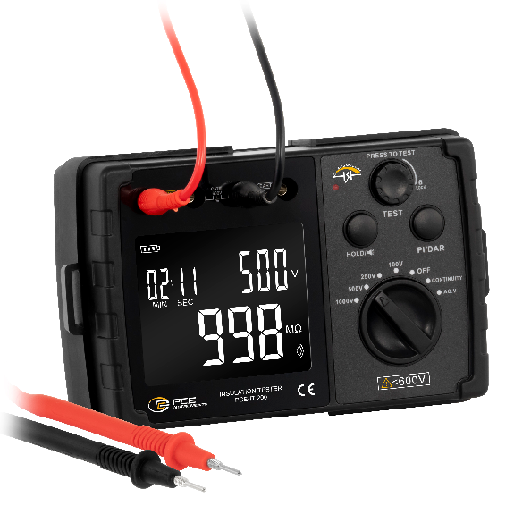 PCE Instruments Isolationstester PCE-IT 200 |Isolationswiderstand bis 5,5GΩ |Widerstand 0..999Ω |PI (Polarisationsindex)-Beschreibung lesen