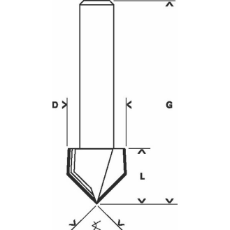 V-Nutfräser Standard for Wood mit 6 mm Schaft, D1 12,7 mm, L 12,7 mm,G 45 mm,90°-Beschreibung lesen