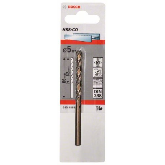 Metallbohrer HSS-Co, DIN 338, 5 x 52 x 86 mm, 1er-Pack-Beschreibung lesen