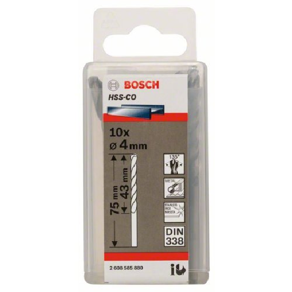 Metallbohrer HSS-Co, DIN 338, 4 x 43 x 75 mm, 10er-Pack-Beschreibung lesen
