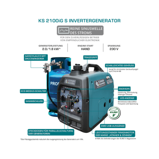 LPG/Benzin-Inverter-Generator KS 2100iG S Betriebsspannung 230 Höchstleistung, kW 2.0-Beschreibung lesen