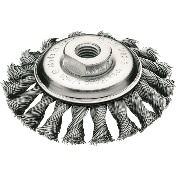 Zopfkegekbürste D.100mm Gew.Drahtstärke 0,5mm STA 12mm 15000min-¹ Zopfkegekbürste D.100mm Gew.Drahtstärke 0,5mm STA 12mm 15000min-¹-Beschreibung lesen
