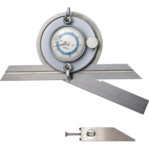 Universal-Winkelmessgerät mit Zusatzwinkel für kleinere Winkel 4x90° mit Messuhr und Schiene 150mm-Beschreibung lesen