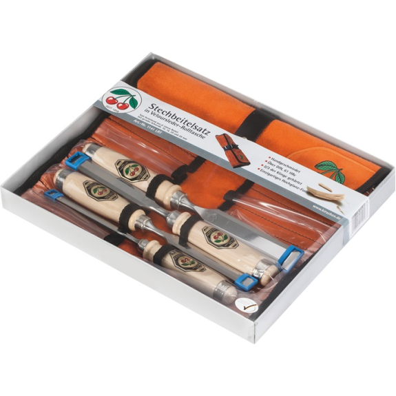 Stechbeitelsz 10,16,20,26mm Weißbuchenh.4-tlg.Lederrolltasche-Beschreibung lesen