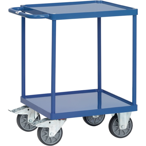 Tischwagen Bügel waagerecht 2Stahlblechwan. L600xB600mm Rand-H.10mm brillantbl.-Beschreibung lesen