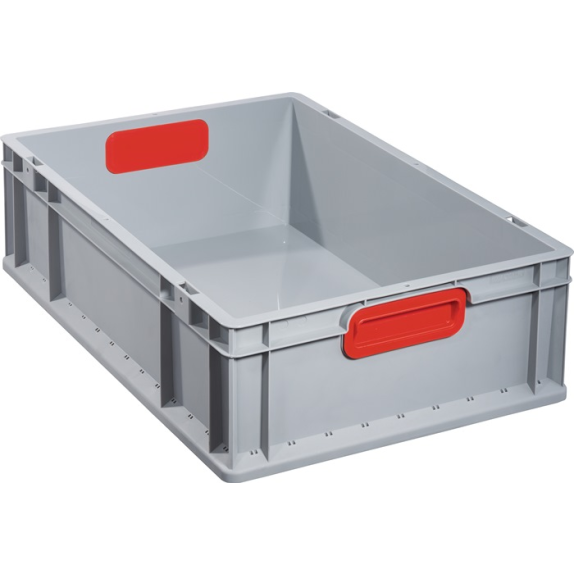 Transportstapelbehälter L600xB400xH170mm grau PP geschlossener Griff rot-Beschreibung lesen