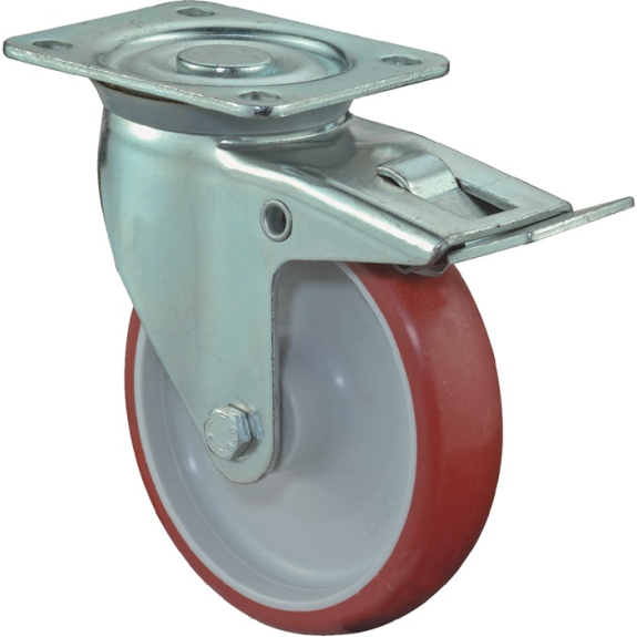 Lenkrolle D.100mm Trgf.125kg m.Festst.PU 104x80mm rot-Beschreibung lesen