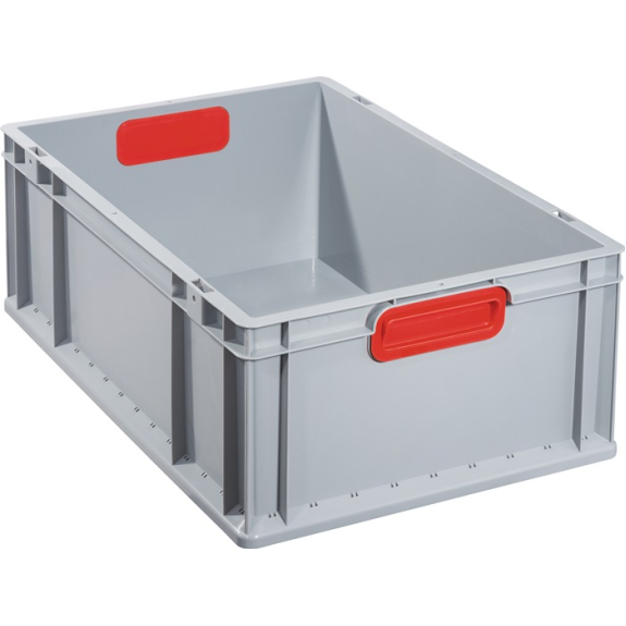 Transportstapelbehälter L600xB400xH220mm grau PP geschlossener Griff rot-Beschreibung lesen