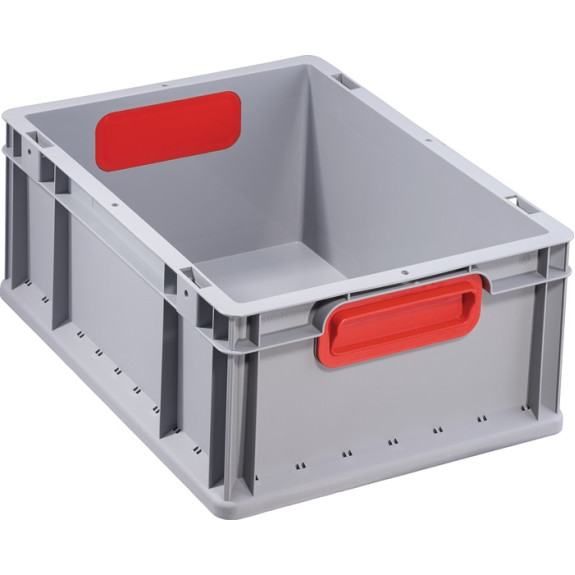 Transportstapelbehälter L400xB300xH170mm grau PP geschlossener Griff rot-Beschreibung lesen