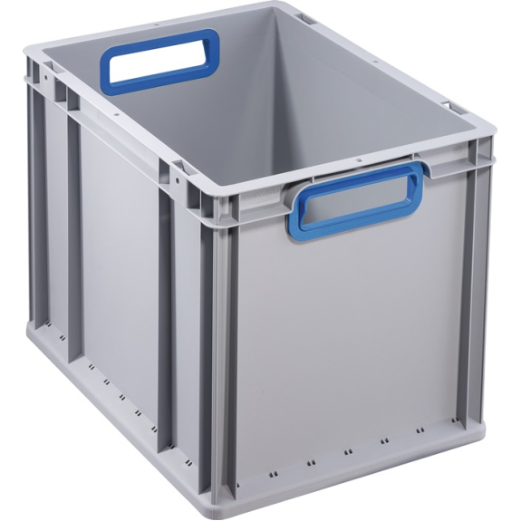 Conteneur gerbable de transport L400xL300xH320mm gris PP poignée ouverte bleu-Leggi tutto