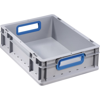 Transportstapelbehälter L400xB300xH120mm grau PP offener Griff blau-Beschreibung lesen
