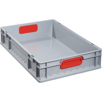 Transportstapelbehälter L600xB400xH120mm grau PP geschlossener Griff rot-Beschreibung lesen