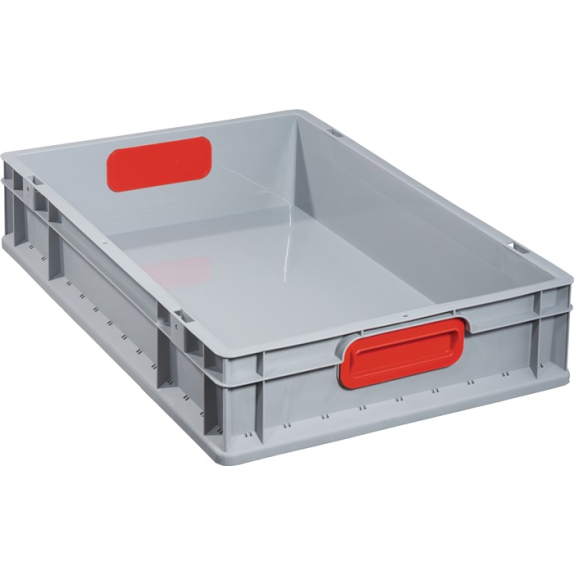 Transportstapelbehälter L600xB400xH120mm grau PP geschlossener Griff rot-Beschreibung lesen