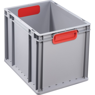 Transportstapelbehälter L400xB300xH320mm grau PP geschlossener Griff rot-Beschreibung lesen
