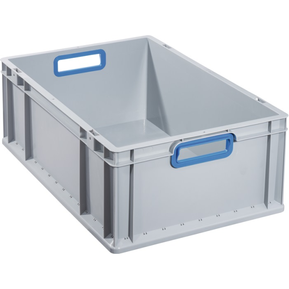 Conteneur gerbable de transport L600xL400xH220mm gris PP poignée ouverte bleu-Lire la description