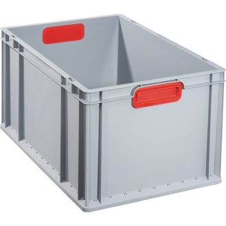 Transportstapelbehälter L600xB400xH320mm grau PP geschlossener Griff rot-Beschreibung lesen