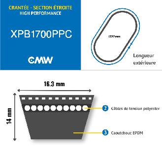 CMW - Cinghia trapezoidale dentellata stretta - Alte prestazioni - EPDM - XPB1700-Leggi tutto
