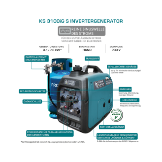 LPG/Benzin-Inverter-Generator KS 3100iG S Betriebsspannung, V 230 Höchstleistung, kW 3.1-Beschreibung lesen