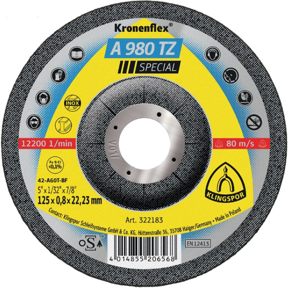 Trennscheibe A 980 TZ Special D125x0,8mm gekr.INOX Bohr.22,2m-Beschreibung lesen